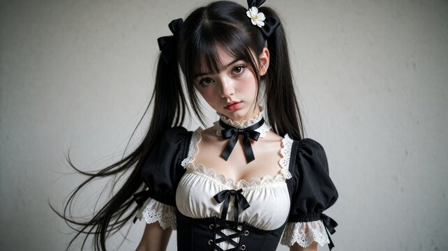 Maid-inspired outfit with lace trim and black bows