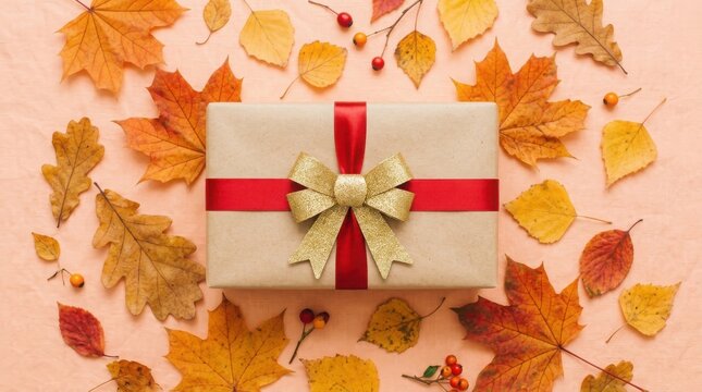 Thanksgiving Day Autumn gift wrapping with brown paper and red ribbon for fall season