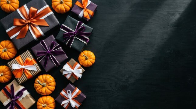Thanksgiving Day Halloween gift wrapping ideas with pumpkins on dark wooden background