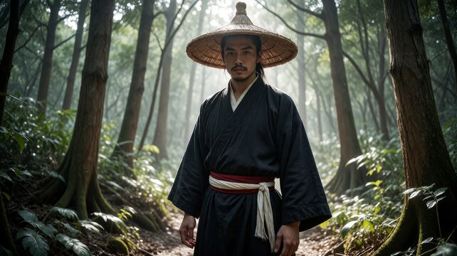 Man in traditional Japanese clothing walks calmly through a sunlit, misty forest