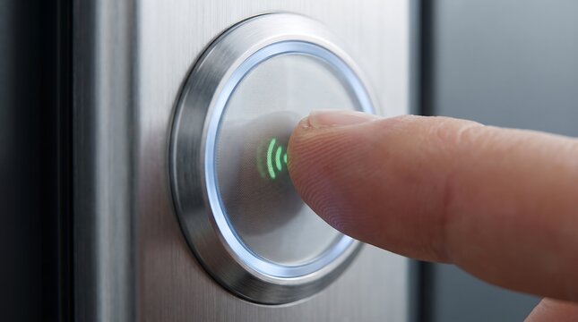 Finger pressing illuminated doorbell button with green signal.