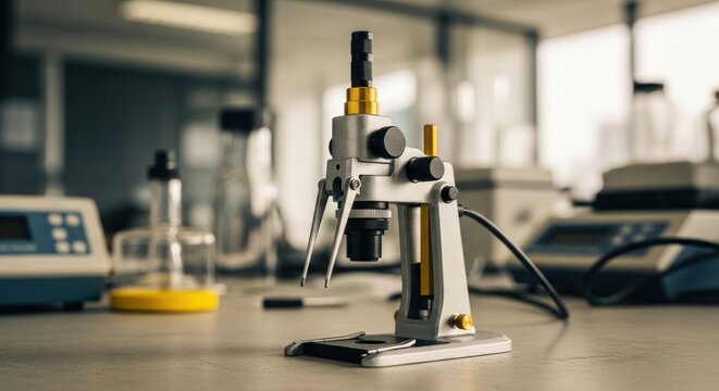 Microscope on a laboratory table with scientific equipment in the background.