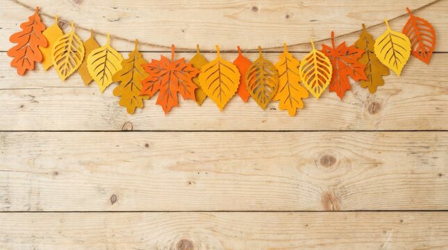Thanksgiving Day Autumn leaves garland decoration on rustic wooden background for seasonal design