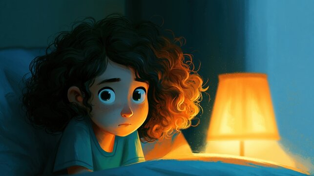 Curly - haired child listening quietly in bed with warm lamp light