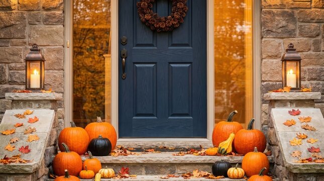 Thanksgiving Day Autumnal front door decoration with pumpkins and lanterns for seasonal home decor