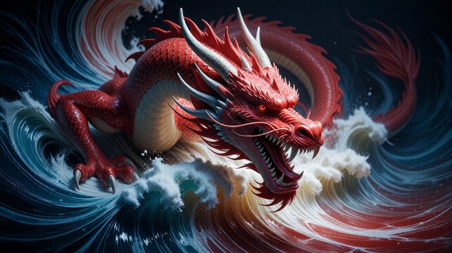 Mythical red dragon surges through crashing ocean waves, embodying raw power