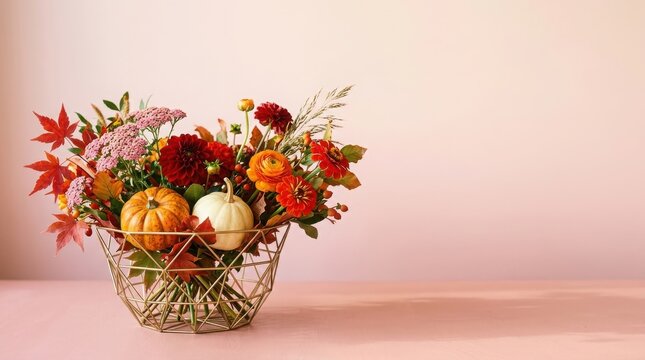 Thanksgiving Day Vibrant autumn floral arrangement with pumpkins in gold wire basket