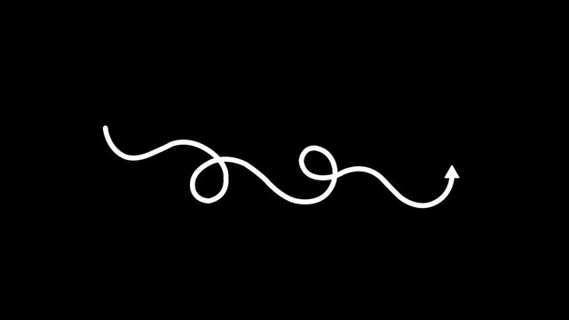 Hand-drawn animated wavy arrow path with loop, white doodle pointer on black background, animation