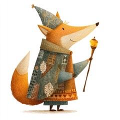 Fototapeta premium Whimsical fox wizard illustration with staff and cloak.