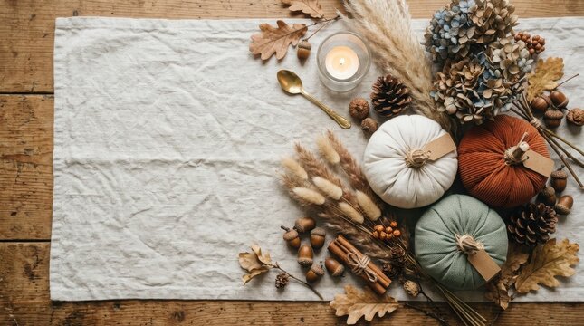 Thanksgiving Day Cozy autumn table setting with pumpkins and candle for Thanksgiving decor