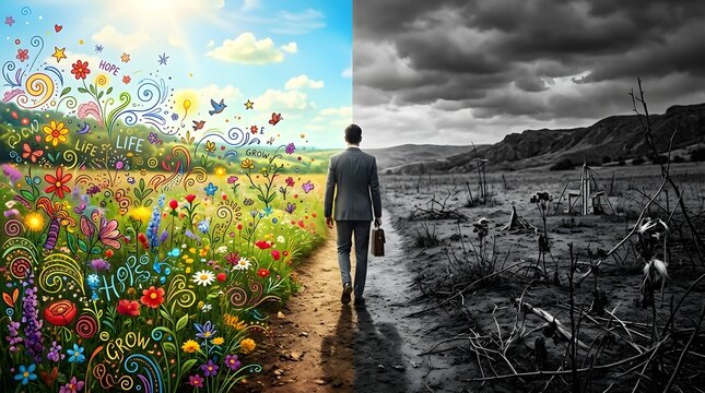 A man stands at a crossroads, choosing between a vibrant, colorful field of flowers and a desolate, barren landscape.