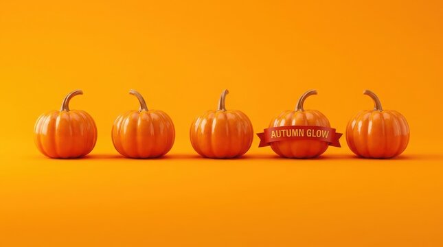 Thanksgiving Day Vibrant autumn pumpkins with ribbon banner on orange background for seasonal design