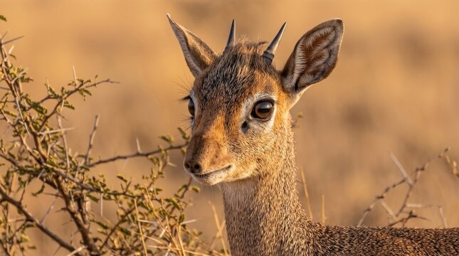 Dik-dik Antelope Portrait: A close-up portrait of a cute dik-dik antelope with short, sharp horns and large, expressive eyes, set against a blurred backdrop of the dry African savanna.