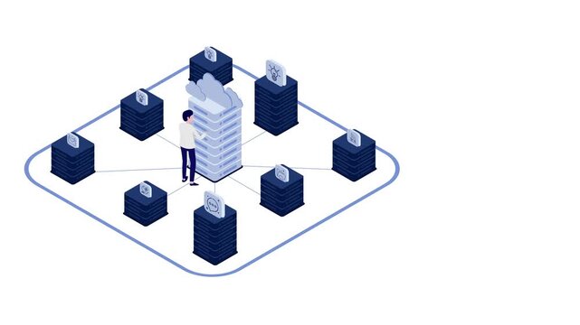 Isometric 3D vector illustration of a man managing cloud server network databases. Concept of cloud computing, big data storage, datacenter infrastructure, and IT system architecture.