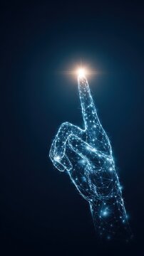 Wireframe human hand with glowing fingertip digital network illustration on dark background