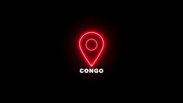 Red neon location pin icon with the text CONGO , Country GPS location tracking icon. map pointer navigation and place tracker icon.