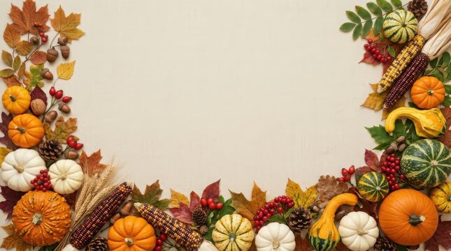 Thanksgiving Day Autumnal Thanksgiving background with pumpkins, leaves, and corn for seasonal design