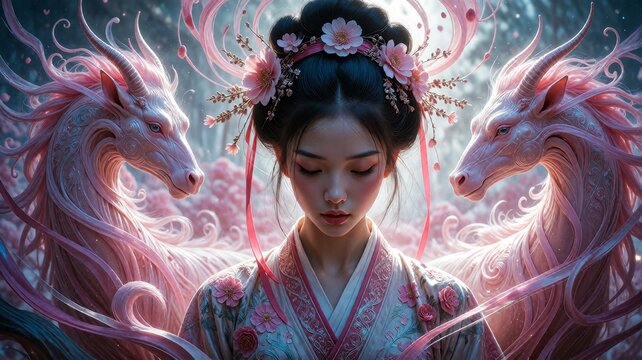 Serene woman with pink dragons in mystical setting