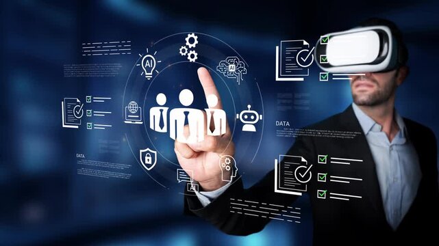 Businessman using virtual reality technology to interact with data and digital elements in a futuristic office environment, symbolizing innovation and connectivity Gluon.