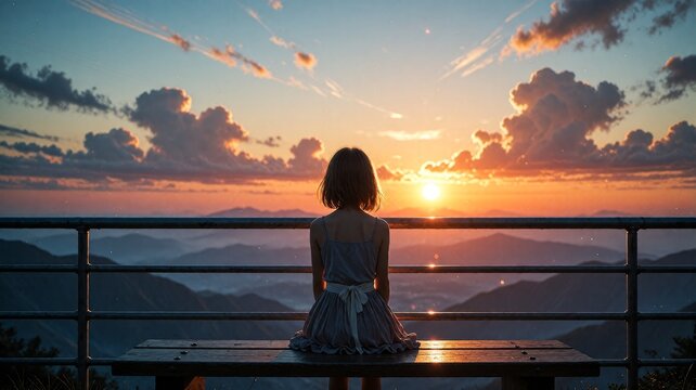Silhouette of girl watches sun set over distant hills