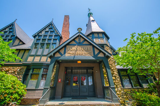 Barrington Town Hall at 283 County Road in Barrington Civic Center Historic District in town of Barrington, Rhode Island RI, USA. 