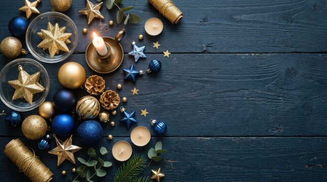 Thanksgiving Day Christmas decorations and candles on a dark wooden table for festive holiday design
