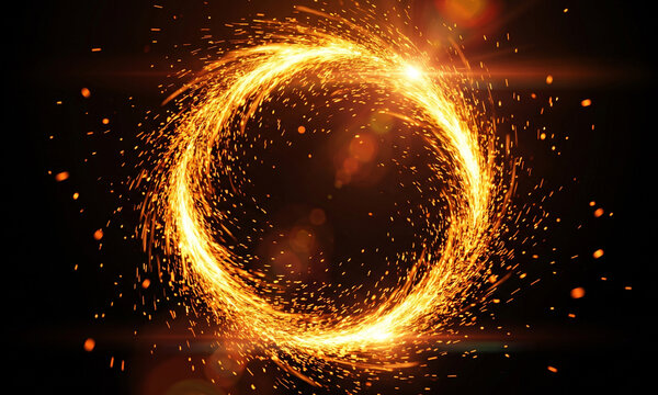 Abstract fiery ring of fire with glowing golden sparks lens flare and spinning ember particles isolated on dark background, magic teleportation portal concept