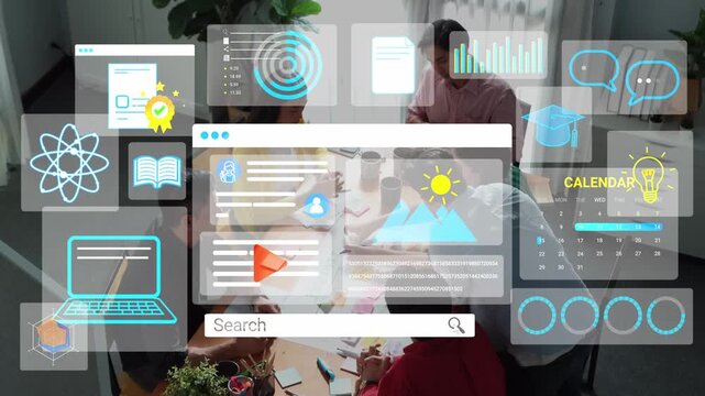 Group of Professionals Collaborating in a Modern Office Setting with Digital Graphics Representing Technology, Data, and Learning Concepts. Entropy.