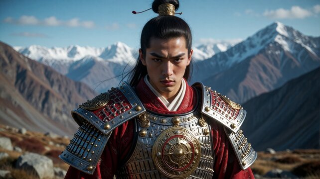 Warrior in ancient armor against snowy mountains