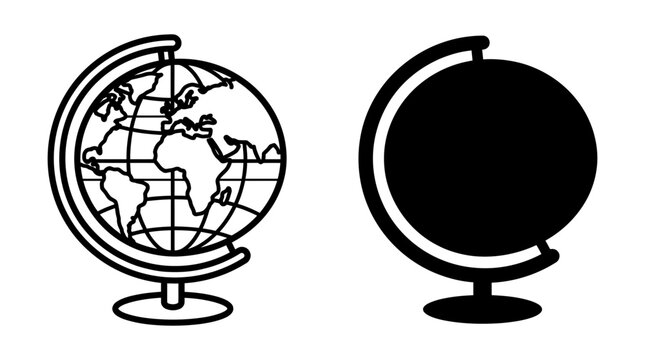 World globe on stand icon showing earth map with geography education continent navigation illustration silhouette classroom research international environment