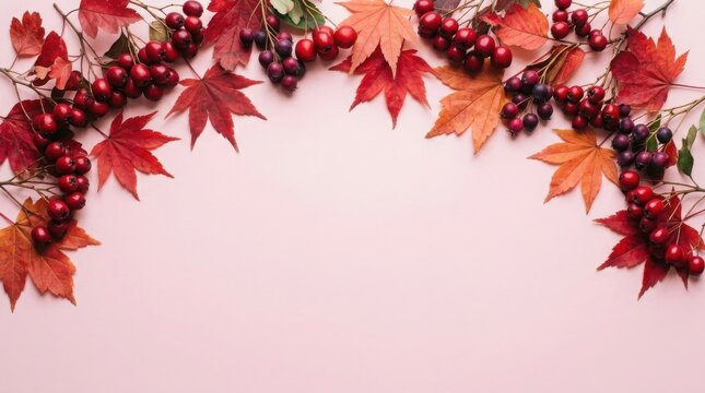 Thanksgiving Day Vibrant Autumn Leaves and Berries on Pink Background for Seasonal Designs