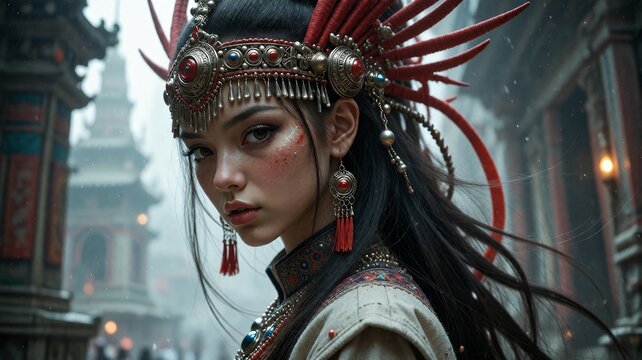 Woman in elaborate traditional headdress, standing in historic city street