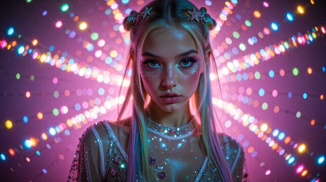Woman in festive costume surrounded by bright, glowing lights