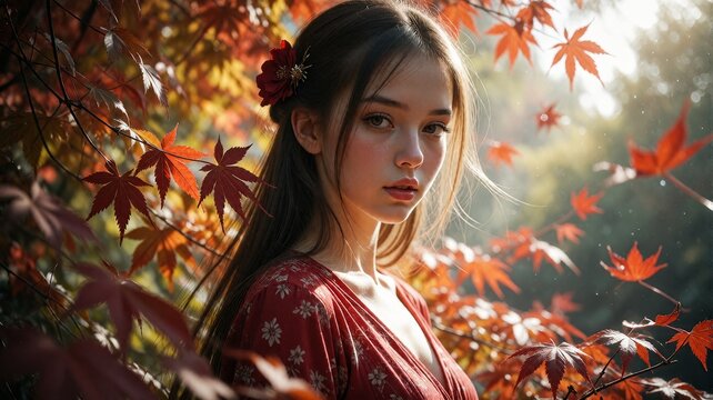 Woman surrounded by maple leaves, bathed in golden light