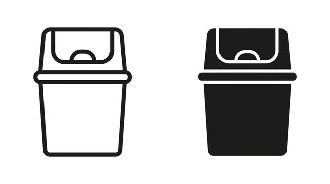 Waste bin icon set in outline and solid style for trash and garbage management with cleaning container disposal environment isolated minimalist pictogram illustration