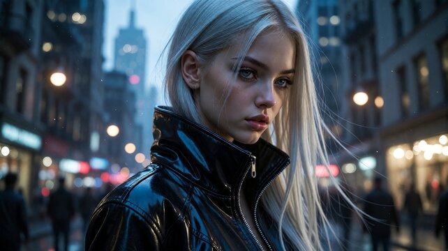 Woman with pale hair and dark coat on city street at dusk