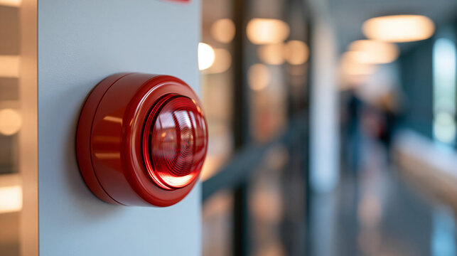 modern red fire alarm press button mounted on a bright white wall in a building hallway, safety and emergency concept, technology, interior design, alert system, modern, clean,
