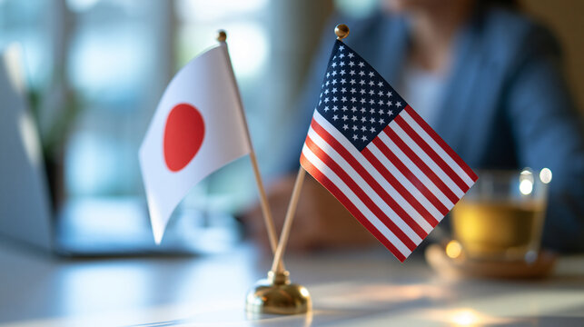 two desk flags standing on a bright table signaling bilateral discussion and international agreement, diplomatic cooperation and partnership concept, negotiation, formal meeting,