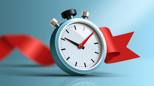 clock with a red ribbon and stopwatch rendered as a bright vector illustration, last chance and running out of time concept, deadline, urgency, time management, icon, modern,