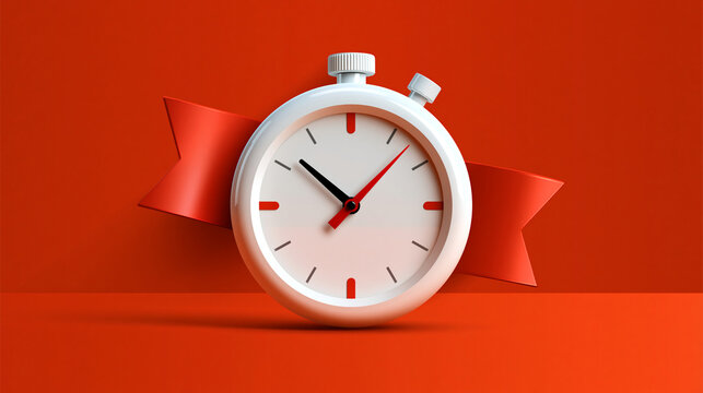 clock with a red ribbon and stopwatch rendered as a bright vector illustration, last chance and running out of time concept, deadline, urgency, time management, icon, modern,
