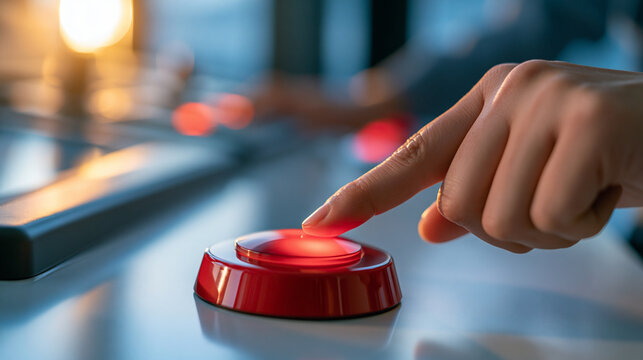 person's hand activating a red alarm button on a bright surface, crisis management concept, emergency response, technology, control panel, alert system, modern, clean, functional,