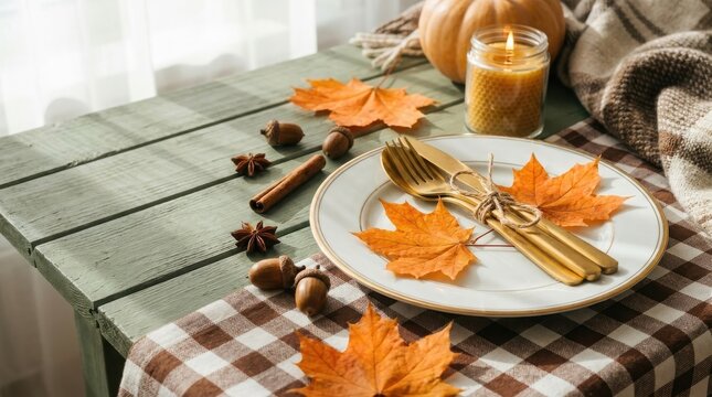 Thanksgiving Day Cozy autumn table setting with golden flatware and fall leaves