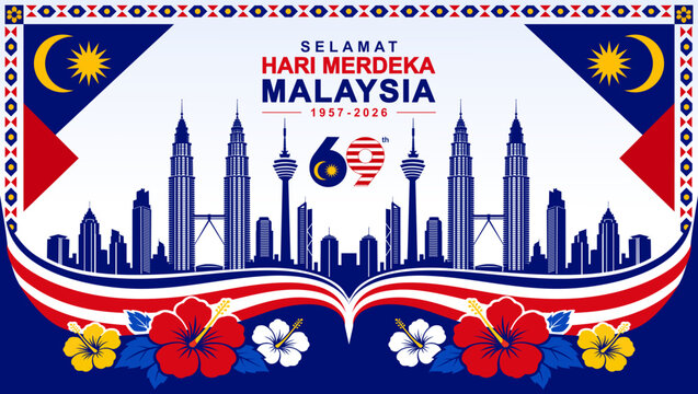 Festive Selamat Hari Merdeka 2026 vector template featuring Kuala Lumpur skyline silhouette, Bunga Raya hibiscus, and geometric border.