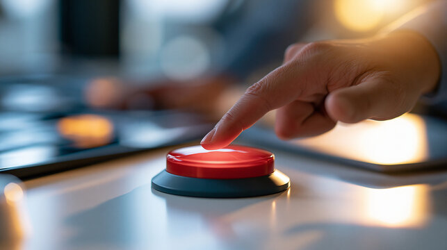 person's hand activating a red alarm button on a bright surface, crisis management concept, emergency response, technology, control panel, alert system, modern, clean, functional,