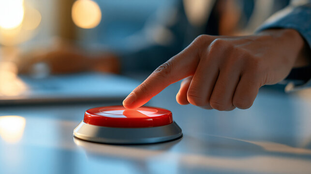 person's hand activating a red alarm button on a bright surface, crisis management concept, emergency response, technology, control panel, alert system, modern, clean, functional,