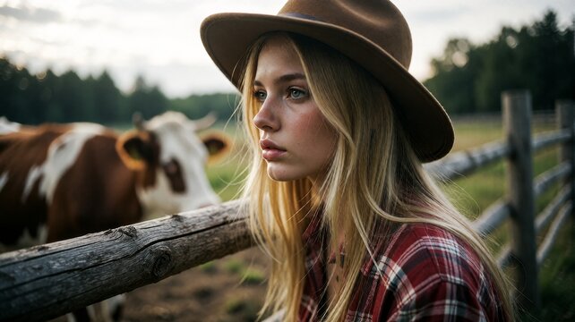 Young woman in plaid shirt and cowboy hat beside fence
