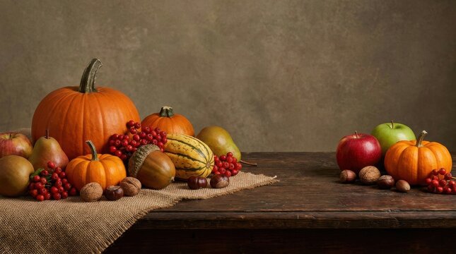 Thanksgiving Day Cozy autumn still life with pumpkins, fruits, and nuts on rustic wooden table