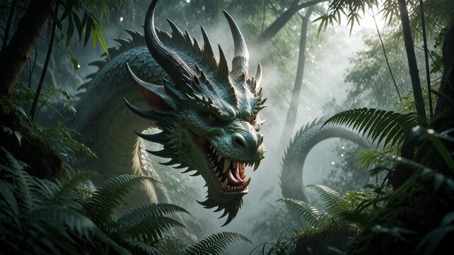 An ancient, fierce dragon rests amidst lush ferns and jungle foliage