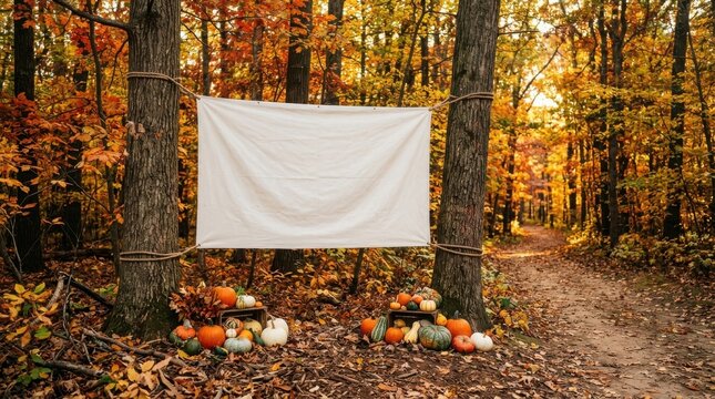 Thanksgiving Day Autumn forest scene with pumpkins and white fabric backdrop for photography