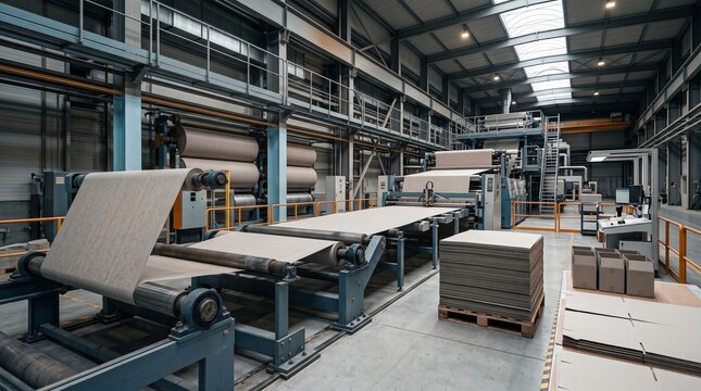 Paper manufacturing facility operates heavy industrial equipment to produce large quantities of cardboard for commercial distribution.